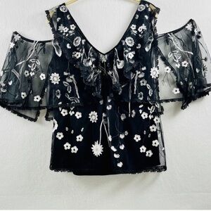 Kobi Halperin Black and White Floral Lace Blouse